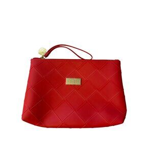 Shiseido Quilted Red Wristlet With Gold Logo Plate & Zipper Closure